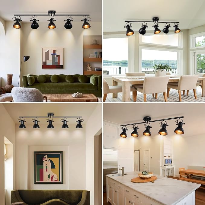 5-Light Kitchen Track Lighting Fixtures Ceiling, Black Semi Flush Mount Track Ceiling Light with 5 Flexibly Rotatable Lighting Heads Track Lighting Kit Ceiling Spot Lighting, Dia 47.24in