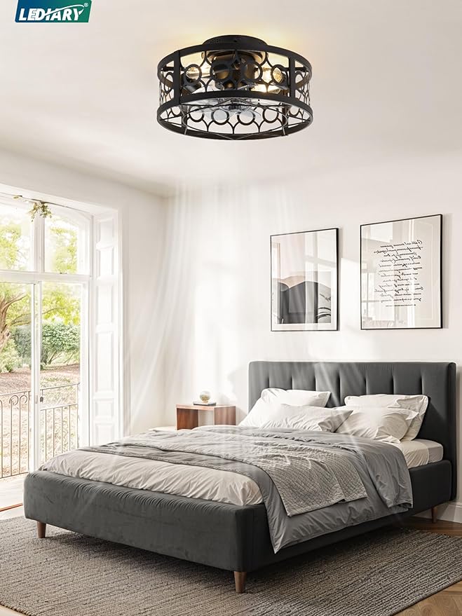 LEDIARY Caged Ceiling Fan with Light and Remote, 16in Small Low Profile Ceiling Fans with Lights, 6 Speed Farmhouse Flush Mount Ceiling Fan for Bedroom, Kitchen, Living Room-Black