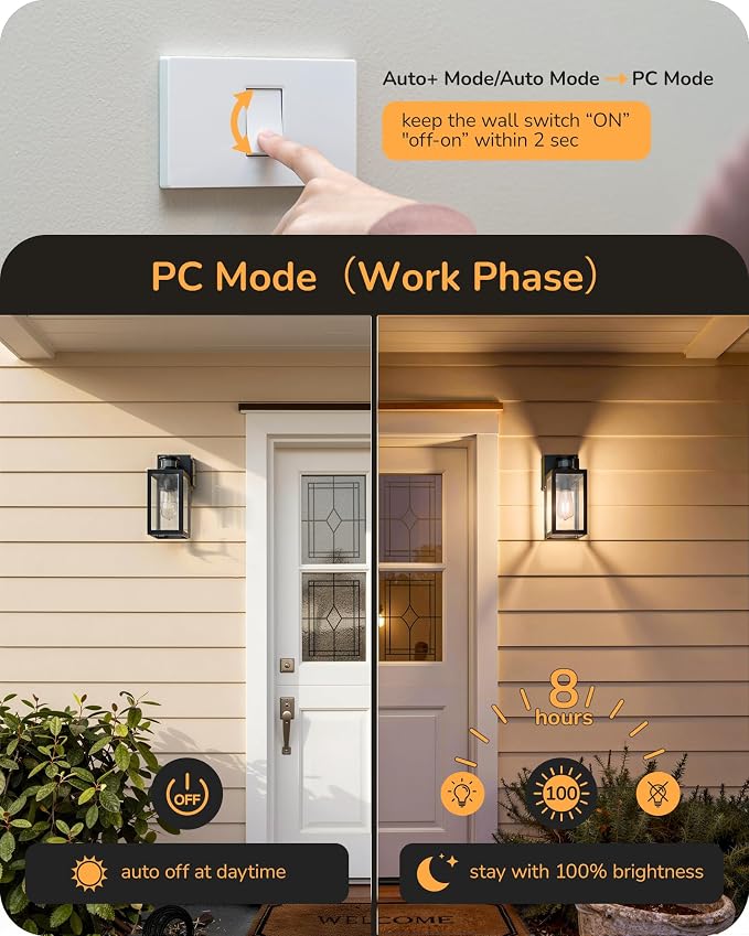EDISHINE Porch Lights with GFCI Outlet, Motion Sensor & 3 Modes Modern Outdoor Wall Lights, 12" H Dusk to Dawn Exterior Light Fixture Waterproof Wall Lantern for Front Door, Garage, Black