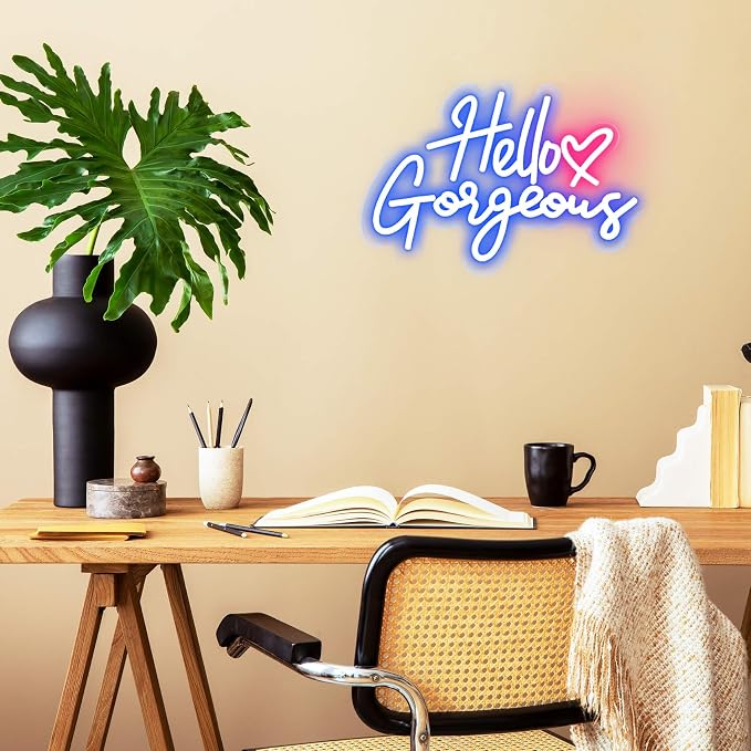 Hello Gorgeous Neon Signs for Wall Decor with Heart, Blue Hello Gorgeous LED Sign Lights for Bedroom Dorm Salon Wedding Party, Cute Makeup Dressing Beauty Room Decor, Preppy Girls Woman Cave