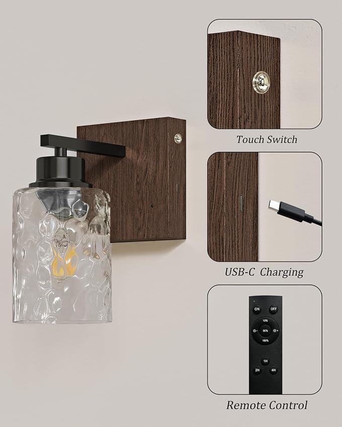 Hammered Glass Battery Operated Wall Sconces Set of Two Black & Walnut | Dimmable Rechargeable Wall Lights with Remote Timer, Easy Install Lamp for Living Room Bedroom, Emergency 3000K