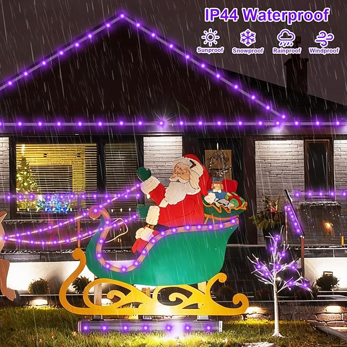 QITONG 2 Pack Purple Solar Rope Lights, Each 33ft 100 LED String Lights Outdoor, 8 Modes Fairy Lights in Clear Thin Tube