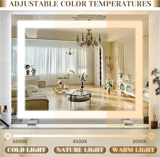 ROLOVE 22x20 Inch Lighted Vanity Mirror, 3 Color Modes, Dimmable, White | Large makeup mirror with touch-dimming LED lighting for dressing room, tabletop, or wall-mounted use