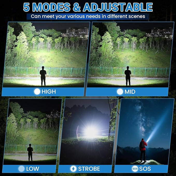 Rechargeable High Power LED Flashlight, 99,000 High Lumens Super Bright Flashlight, 5 Modes IPX6 Waterproof Handheld Flashlights for Home Emergency Camping Hiking（2 Pack）