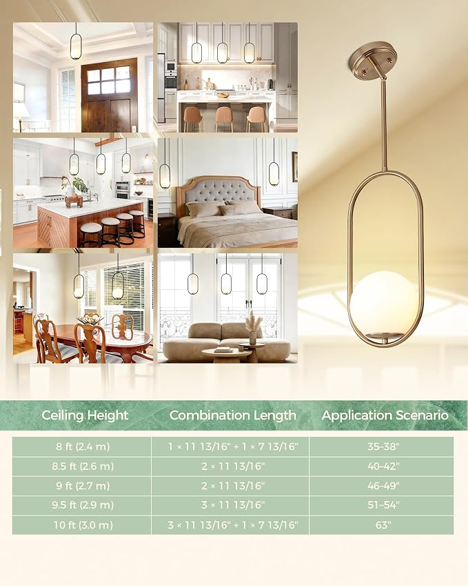 Majade Pendant Lights Kitchen Island, Mid Century Modern Pendant Light Fixtures, 2 Pack Champagne Bronze Globe Glass Pendant Lighting, Brass Chandelier Adjustable Hanging Light for Kitchen Island