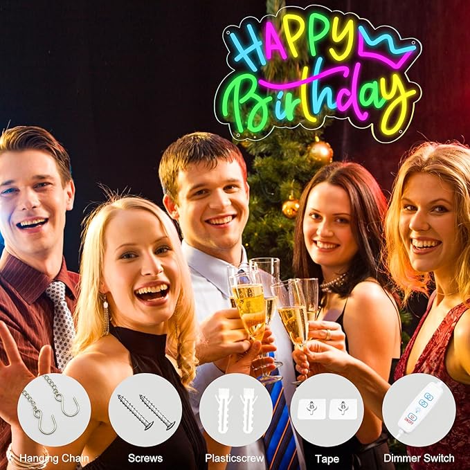 Happy Birthday Neon Sign – Colorful LED Light-Up Sign for Birthday Party Backdrops, USB Powered with Dimmable, Wall Decoration for All Ages, with 2 Birthday Cards, 16.5 x 12.5 Inches