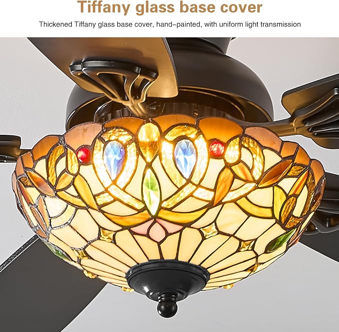 Tiffany Ceiling Fans with Lights-48"Ceiling Fan Chandelier and Glass Shade | 48" Ceiling Fan Chandelier with 5 Dual-Blades and Glass Shade, 6 Speeds and Reversible, Indoor and Outdoor, Retro Style