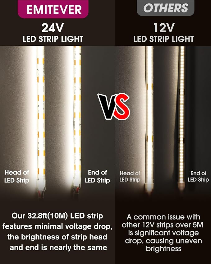 EMITEVER COB LED Strip Lights Neutral White 4000K,UL 24V,32.8ft 4800LEDs | Ra 90+,IP30,3W/ft,305+Lumens/ft,5 Year Warranty(Power Supply Sold Separately)for bedroom,living room,kitchen
