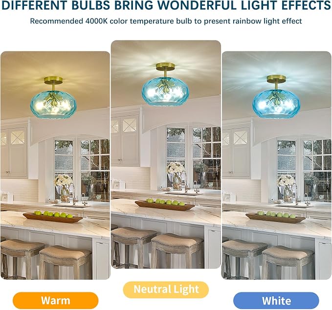 Vintage Semi Flush Mount Ceiling Light ,12″ Art Deco Blue Hammered Glass | Gold,Mid Century,Whimsical,MCM,Unique Cute Retro Light Fixtures for Girls Bedroom,Entryway Laundry Room Kitchen Closet Foyer
