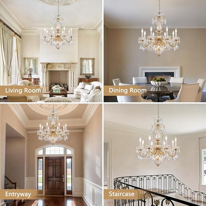 Vintage Crystal Chandeliers for Dining Room, 8-Light Brass Classic Candle Chandelier Pendant Ceiling Light Fixture for Living Room Bedroom Kitchen Foyer Hallway Staircase 30.3" H x 26.8" D