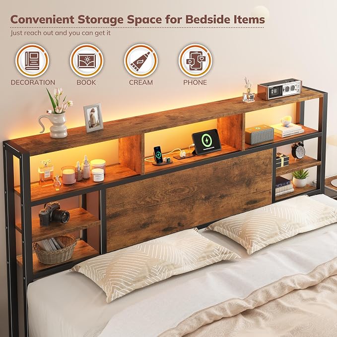 Homkdom King Bed Frame with Storage Headboard and Charging Station,Brown | LED Lights，12.2" Under-Bed Storage，Supports up to 1100 LBS，No Box Spring Needed，Noise-Free,Easy Assembly
