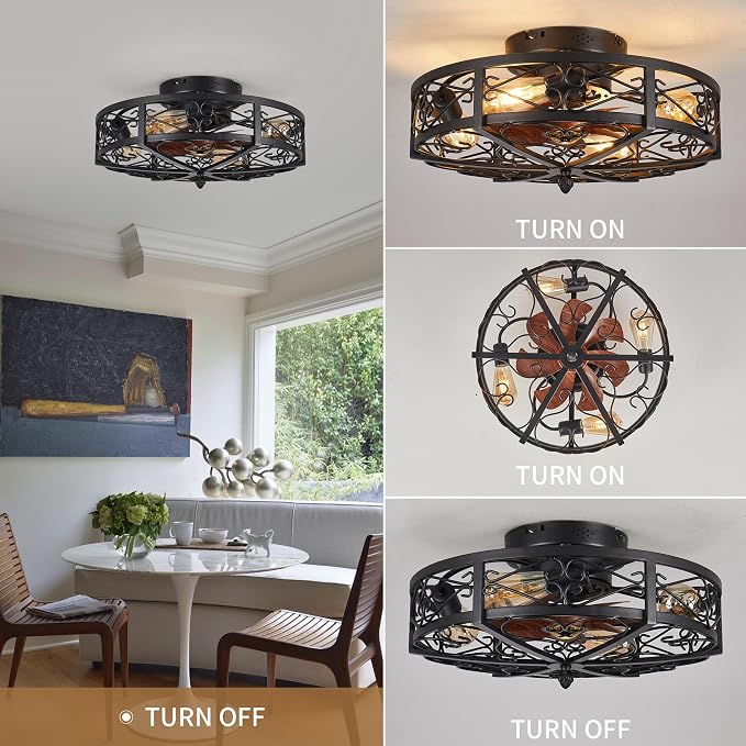 Rustic Black Caged Flush Mount Ceiling Fans with Lights and Remote Vintage Low Profile Bladeless Ceiling Fan, Reversible Motor, E26 Bulbs, 6 Speeds,for Farmhouse, Living Room, and Bedroom