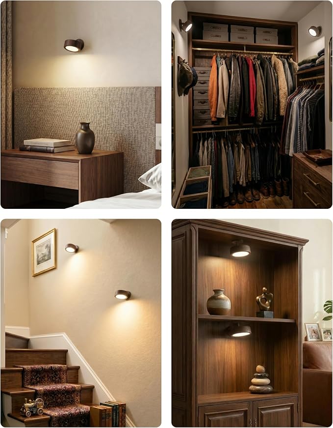 EZVALO LED Wall Mounted Light, 3000mAh Rechargeable Cordless Wall Sconce, Dimmable with Remote & Touch Control, 3 Color Temps, 360° Rotatable for Bedroom, Bedside, Reading(Walnut, 2Pack)