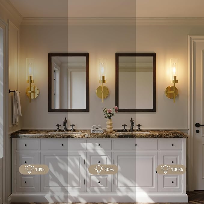 Gold Battery Operated Wall Sconce Set of 2, Wireless Wall Sconces with Remote Control, Rechargeable 3000K Dimmable Wall Light for Bedroom Living Room Bathroom Hallway Entryway Stairwell