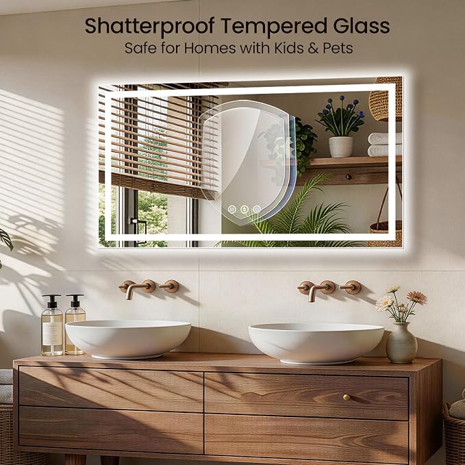 55x30 LED Bathroom Mirror with Anti-Fog, Backlit & Front Lit, Memory | Stepless Dimmable 3 Color CRI 95+ Shatterproof Tempered Glass ETL Listed for Safety Lighted Bathroom Vanity Mirror for Wall