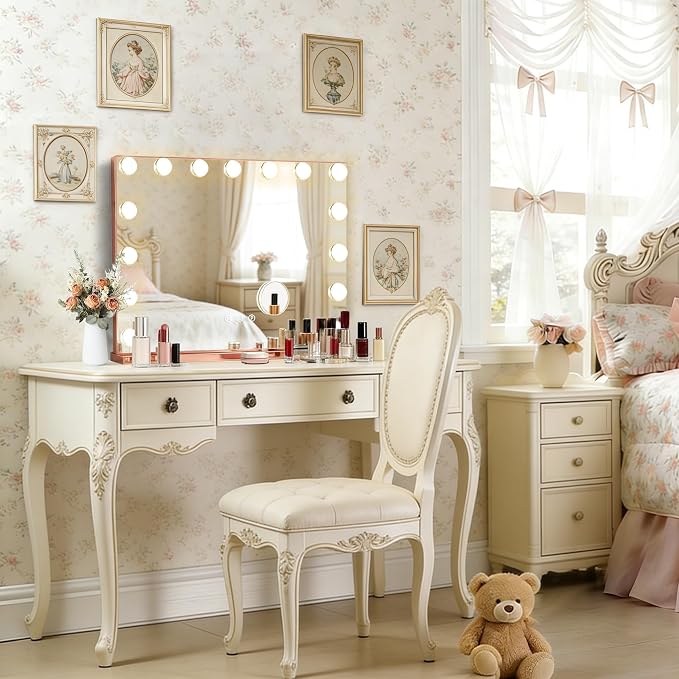 Ratsamee Rose Gold Hollywood Vanity Mirror with Lights, 15 Dimmable Bulbs, 3 Color Lights,Make Up Lighted Mirror, Aluminum Metal Frame, USB Charging Port（23" x 18"）