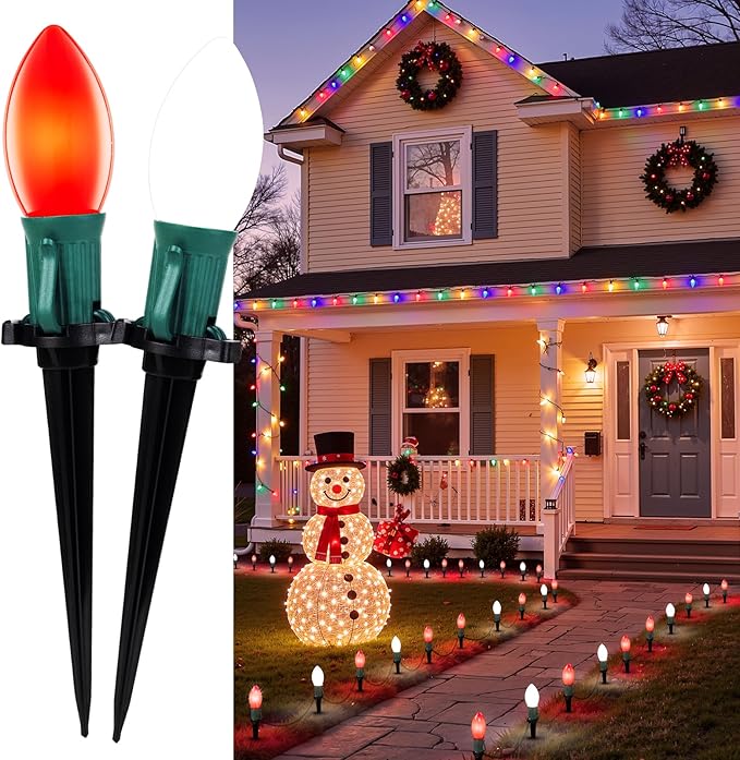 Christmas Pathway Lights Outdoor, 51.4 Ft Driveway Lights with 40 Multicolor Bulbs and Stakes, Connectable Outdoor Christmas Decorations Yard Walkway Sidewalk Holiday, Multicolor