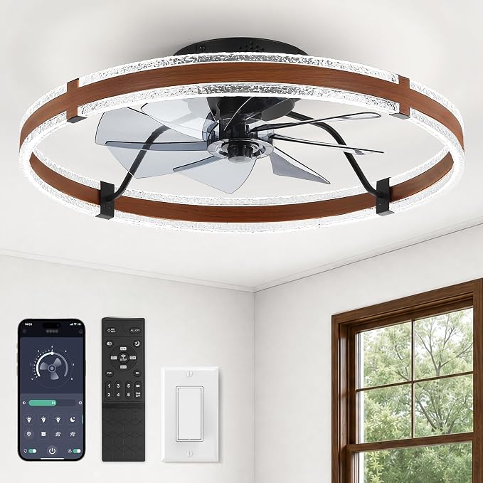LEDIARY 24'' Modern Low Profile Ceiling Fans with Lights and Remote, Walnut | 3000-6000K Dimmable LED, 6 Wind Speeds, Quiet Reversible DC Motor, Small Flush Mount Fandelier for Bedroom, Living Room