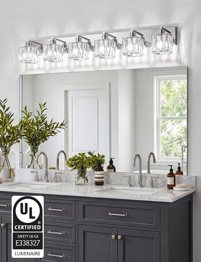 VOLISUN Chrome Bathroom Light Fixtures, Modern Stainless Steel Bathroom Lighting Fixtures Over Mirror, 6 Light Bathrooms Vanity Light, Crystal Vanity Light for Bathrooms-UL Certificated(Exclude Bulb)