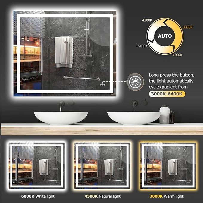 Hivone 48"X40" LED Bathroom Mirror with Lights, Anti-Fog, Dimmable, Backlit + Front Lit, Smart Bathroom Vanity Mirror, Memory Function, Shatterproof, Tempered Glass (Horizontal/Vertical)
