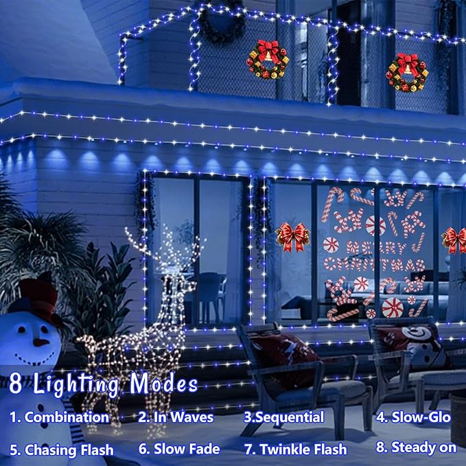 YEGUO Solar Rope Light Outdoor Waterproof, 66ft 200 LED Blue and White String Lights, 8 Modes Tube Christmas Lights in Clear Thin Tube