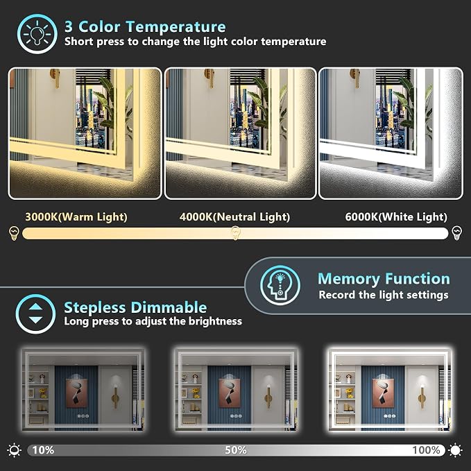 60x40 LED Bathroom Mirror, Backlit & Front Lit Lighted Mirror | Anti-Fog Vanity Mirror with Lights, 3 Color Dimmable, Memory, Shatterproof, Tempered Glass, CRI95, UL Listed, Wall Mounted