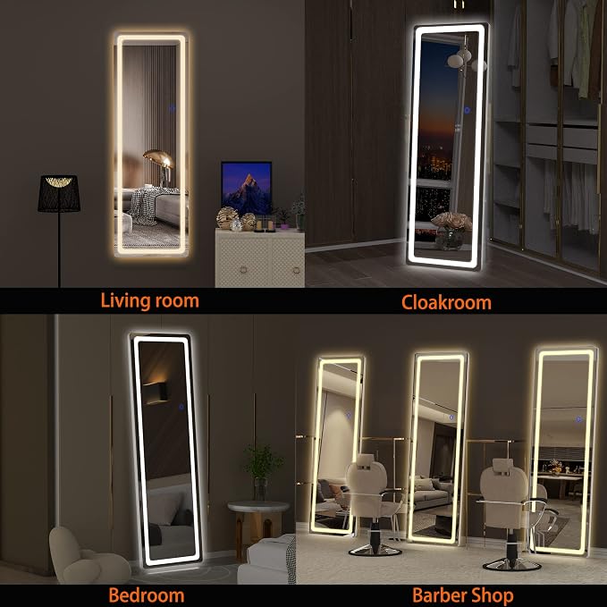 Hasipu Full Length Mirror with Lights, 56" x 16" LED Floor, Full Body Dressing Standing, Hanging Mounted Mirror, Round White