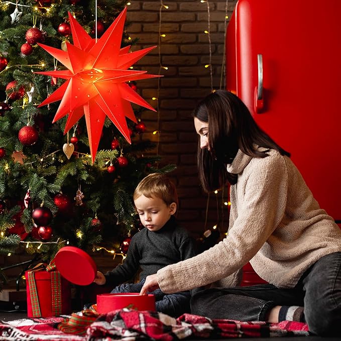 SUNBEAUTY 21 Inches Red Large Moravian Star Outdoor Light Warm White LED Hanging Star Lights 3D Christmas Tree Topper Star for Holiday Wedding Birthday Party Porch Light Decor