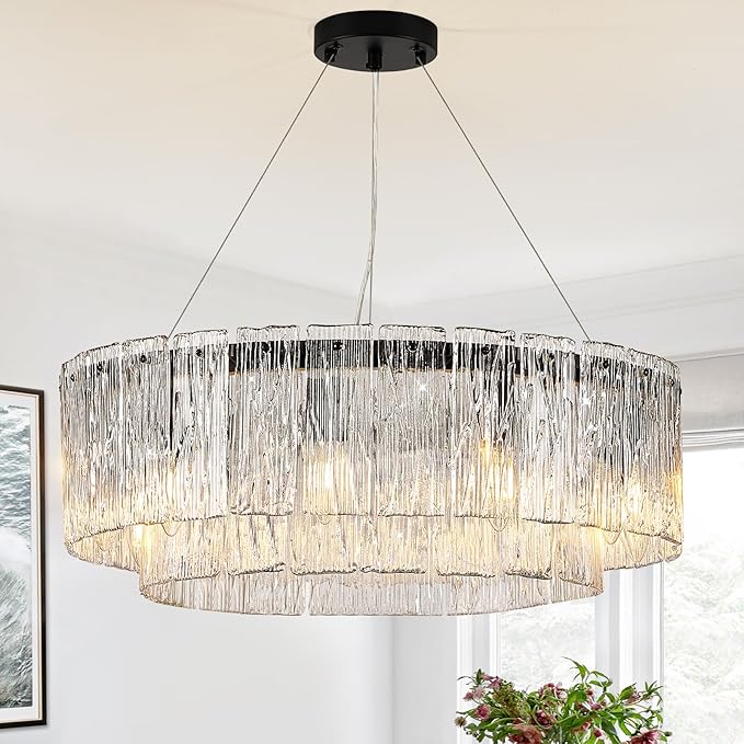 Modern Crystal Glass Round Chandelier 24”Black Chandeliers 10-Light Drum Pendant Ceiling Light Fixtures Luxury 2 Tiers Hanging Lighting for Dining Room Foyer Living Room Bedroom