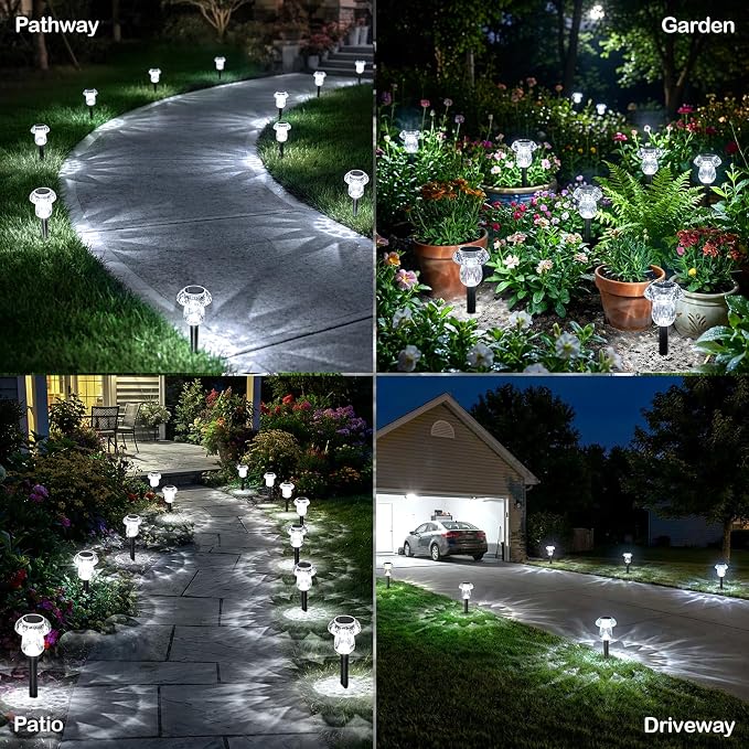 16Pack Solar Garden Lights Outdoor 6000K Cool White Mushroom Decor | Waterproof Pathway Outside Yard Walkway Landscape Path Lighting, LED Auto On/Off Decorations, Acrylic Diamond-like Lampshade