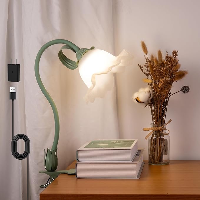 Flower Clip On Desk Lamp for Home and Dorm - Cute Floral Clip On Bedside Book Reading Light, Green Flower Bunk Bed Lighting, Kawaii Led Flexible Gooseneck Table Lamp for Headboard with Clamp