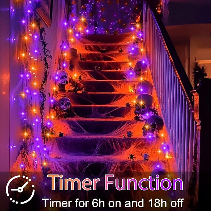 4 Pack Halloween Timer Fairy Lights Battery Operated Twinkle Lights | 16.4Ft 50 LED Purple Orange Fairy Lights Outdoor with Timer 5 Modes,Black Wire