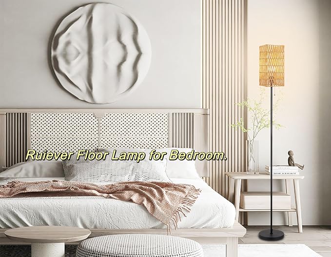 Ruiever Floor Lamp for Living Room,Farmhouse Floor lamp,Modern Standing lamp with Hand-Worked Rattan Shade (Square Shade-3 Color Blub)