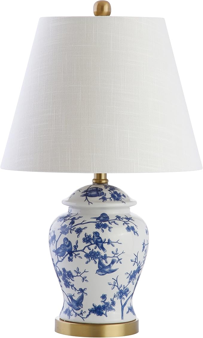 JONATHAN Y Penelope Ginger Jar 22" LED Table Lamp, Blue/White | Chinoiserie, Ceramic Metal Construction, French Country Traditional, Linen Empire Shade, Brass Gold, LED Bulb Included