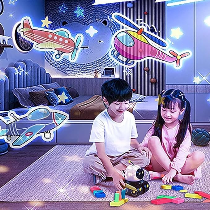 Kids Cartoon Projector Lamp, 21 Slides+360° Rotation Silent Kids Night Light, Rechargeable Robot Night Light with Music for Children Bedroom, Universe Starry Sky Rotate LED Room Decor (with Music)