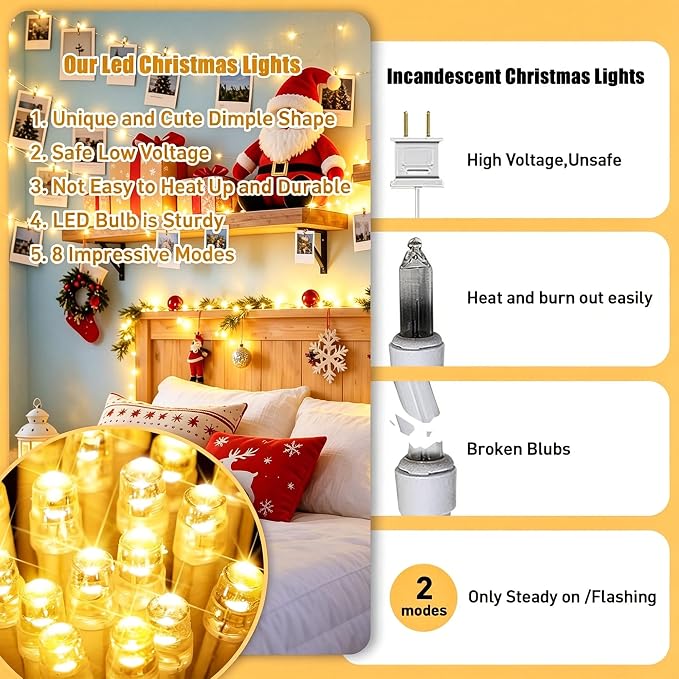 Warm White Christmas Lights - 100 LED 33ft String Lights for Bedroom Indoor, 8 Modes Fairy Twinkle Lights Plug in, Waterproof Outdoor Hanging Lights for Room, Xmas Tree, Garden & Party Decor