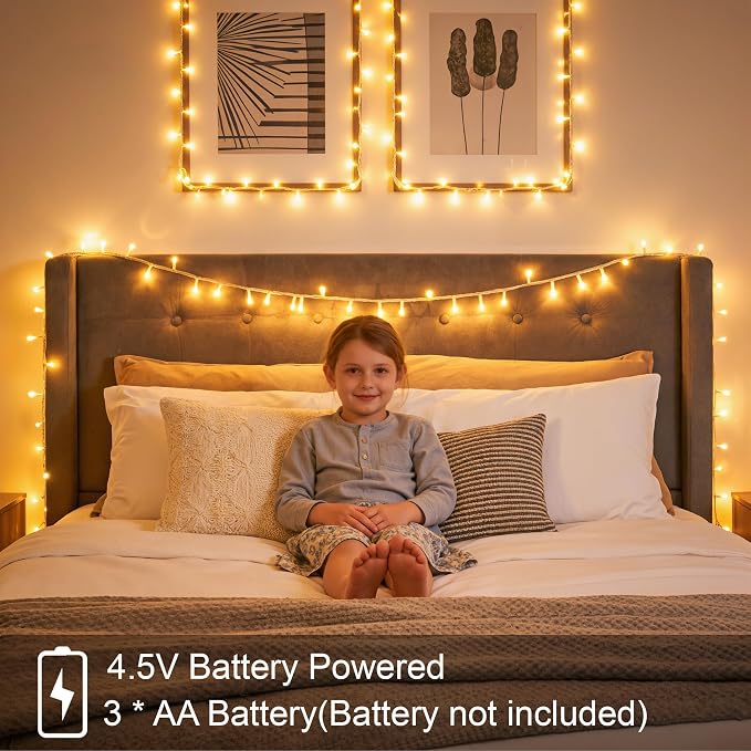 Ollny Fairy Lights Battery Operated 2 Pack, Total 200 LED 66 FT Battery String Lights, Waterproof LED Light with 8 Modes, Bedroom Indoor Outdoor Classroom Party Decorations, Warm White