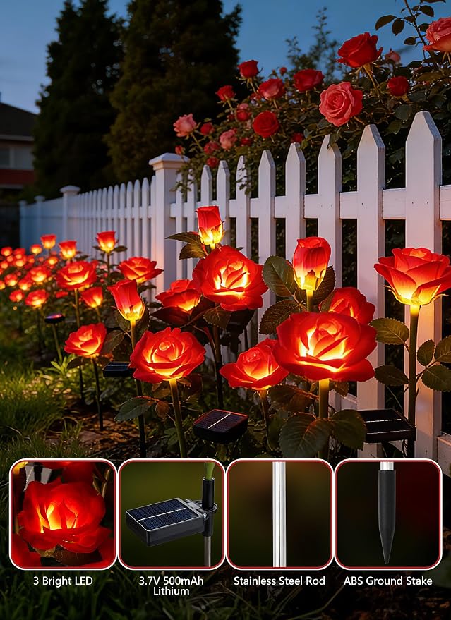 Brightown Solar Garden Lights, 4 Pack LED Rose Flower Lights Waterproof | Larger & Realistic Red Rose, Bigger Solar Panel, Waterproof Solar Lights Outdoor for Yard Garden Lawn Pathway Decorations