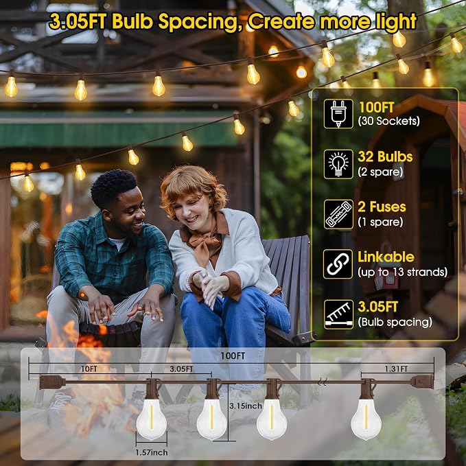 100FT Outdoor String Lights, Patio Light with 32 A39 Bulbs, Brown | Plug in, Dimmer not included, Waterproof, Shatterproof, Extendable, LED Hanging Lamp for Outside Pool Deck Fence Decor