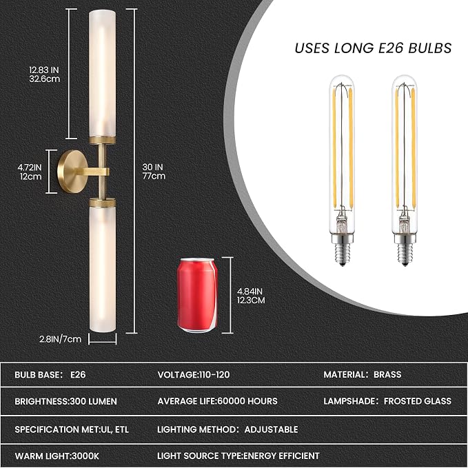 2Pc 30" Knurled Black 2 Light Wall Sconces, Long Modern Hardwired Bathroom Vanity Light, Frosted Glass Tube Linear Modern Wall Light Fixtures, for Mirror, Bedroom, Living Room, Hallway