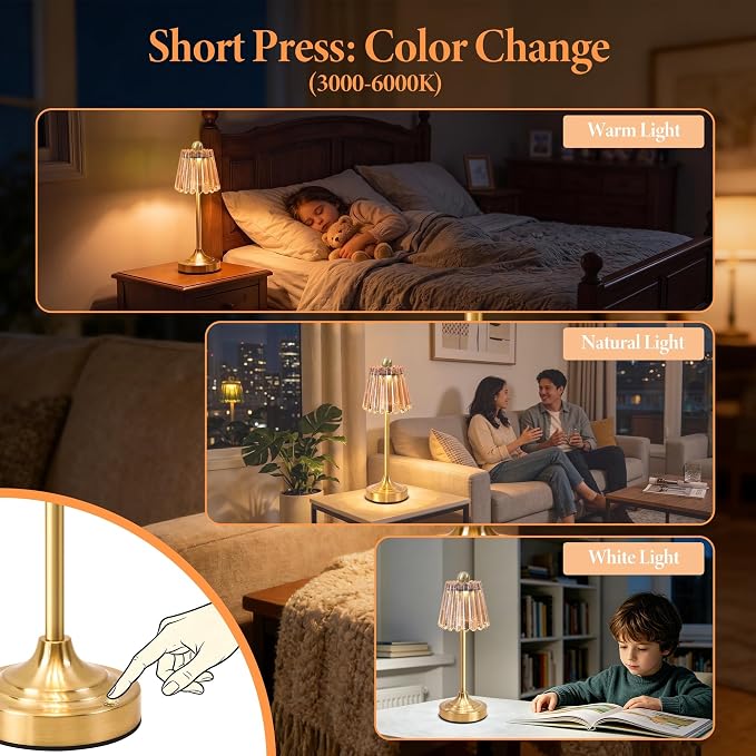 Small Vintage Cordless Table Lamp, Green Glass Shade, 3 Color Dimming,LED Touch Accent Lamp for Bedroom, Nightstand, Living Room, Kitchen(Amber)