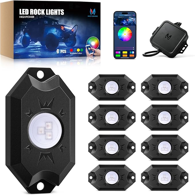 MICTUNING 2nd-Gen CM RGB Rock Lights - 8 Pods Waterproof Multicolor Neon Underglow Kit with Bluetooth App Control & Music Mode for Trucks Pickup UTV SUV ATV（2 Year Warranty）