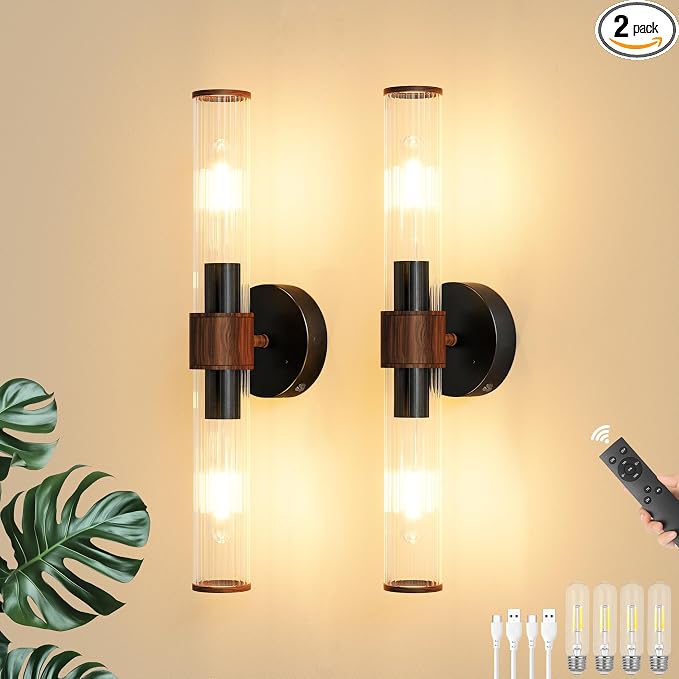 Morauroral Black Walnut Battery Operated Wall Sconces Set of 2, Rechargeable Wall Lights with Remote, 20 Inch Modern Wireless Wall Lamp for Bedroom, Living Room with White Shade (Bulbs Included)