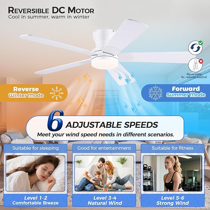 52" White Ceiling Fans with Lights and Remote/APP - Flush Mount Low Profile Ceiling Fan with 5 Reversible Dual-Sided Blades, Dimmable, 1/2/4H Timer, Modern Indoor Fan Light for Kitchen, Bedroom