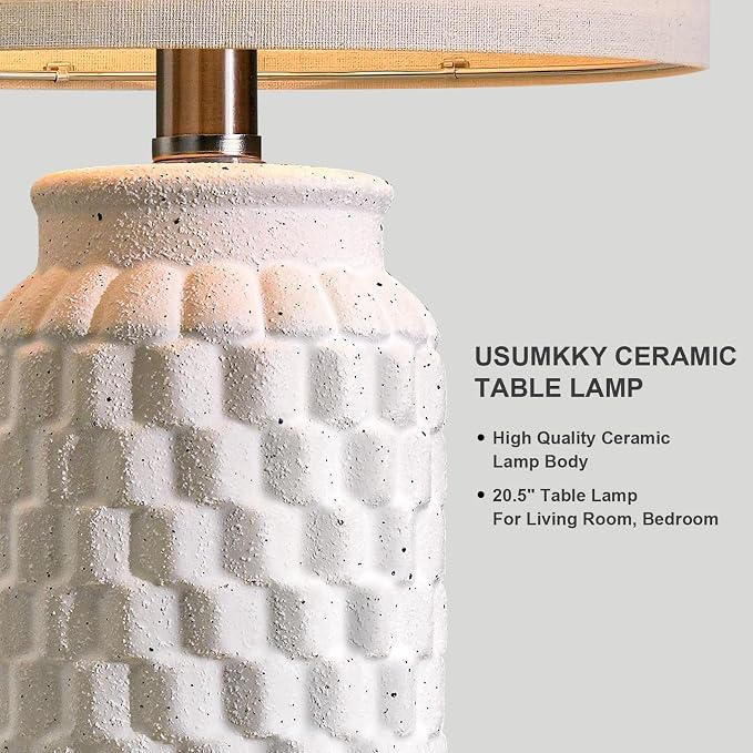 USumkky 20.5" Ceramic Table Lamps Set of 2 - Modern Farmhouse & Boho Style, Bedside Nightstand Lamps for Bedroom, Living Room End Table Lamps, Small Desk Lamp(Matte White)