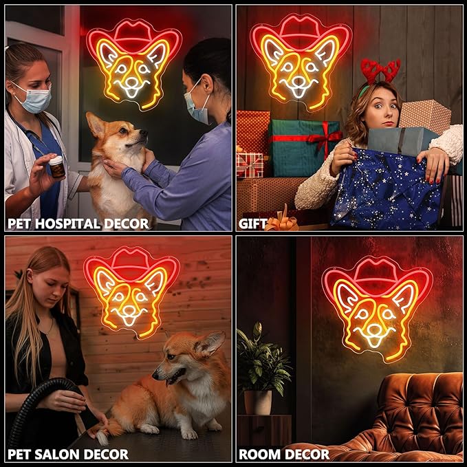 Corgi Neon Signs for Wall Decor, Cute Dog Neon Sign Dimmable Cowboy Hat Neon Light Sign for Pet Shop Bedroom Party Decor, Animal LED Light Up Sign for Birthday Christmas Gifts Boys Girls