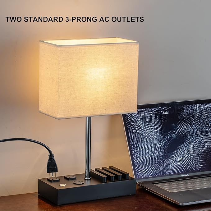 Briever Upgraded 3 USB Table Lamp with 2 USB A & C Charging Ports, Bedside Desk Lamp with 2 AC Outlets and Wooden Phone Stand Organizer, Nightstand Lamp for Bedroom, Living Room, Office, Silver Base