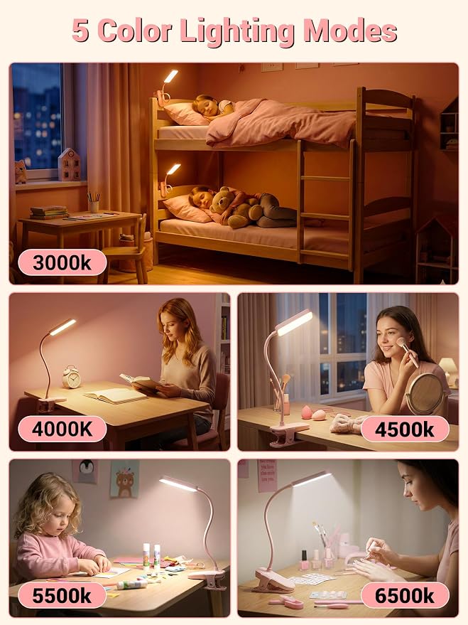 Pink Desk Lamp Cute Clip on Lamp,45 Modes Dimmable+450 Lumen Clip on Light | 4000mAh Battery Rechargeable Book Light for Reading in Bed,Cordless Small Pink Lamp for Girls Room/Kids Bedroom/Bedside/Dorm