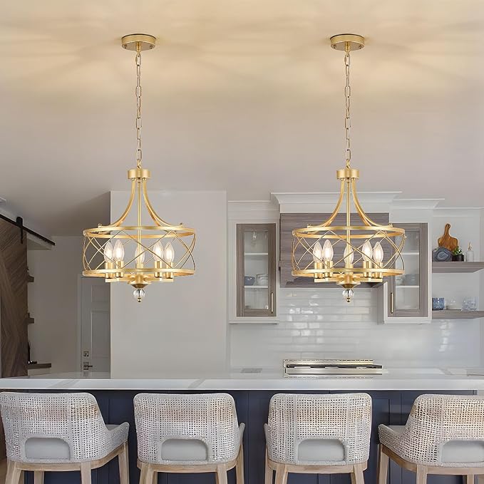 5-Light Round Chandelier,15.2in Gold Farmhouse Lantern Pendant Light Fixture,Adjustable Hanging Ceiling Lamp,for Kitchen Island,Bedroom,Entryway,Dining Room