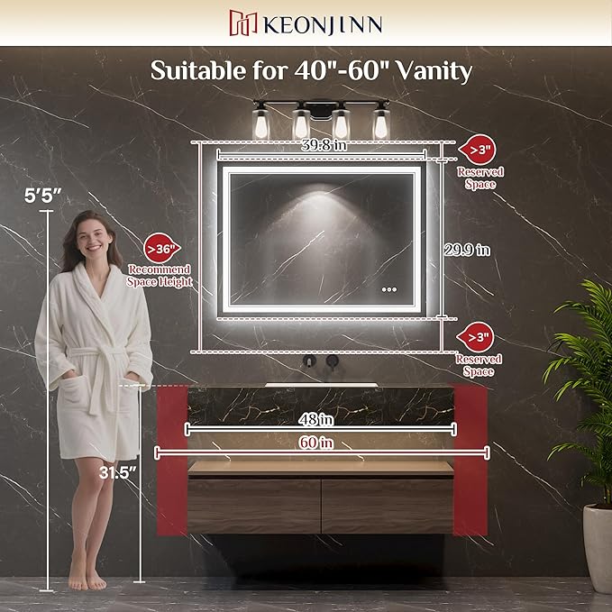 Keonjinn 40" x 30" Lighted Mirrors for Bathroom Wall with Bluetooth Speaker, Frontlit & Backlit LED Bathroom Mirror, Bluetooth Mirror Bathrooms, Tempered Glass, Defogging, 3 Color Lights, Dimmable